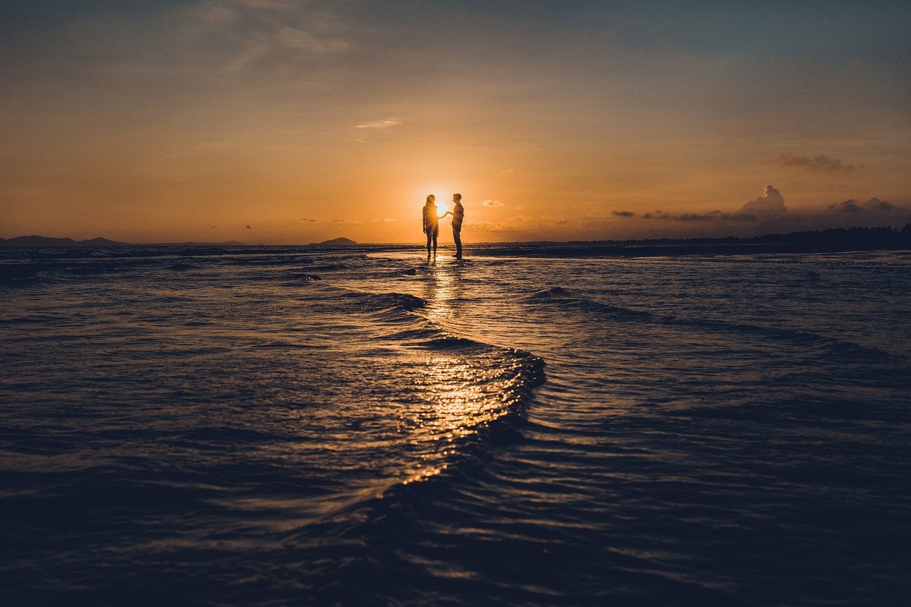 beach, couple, sunset