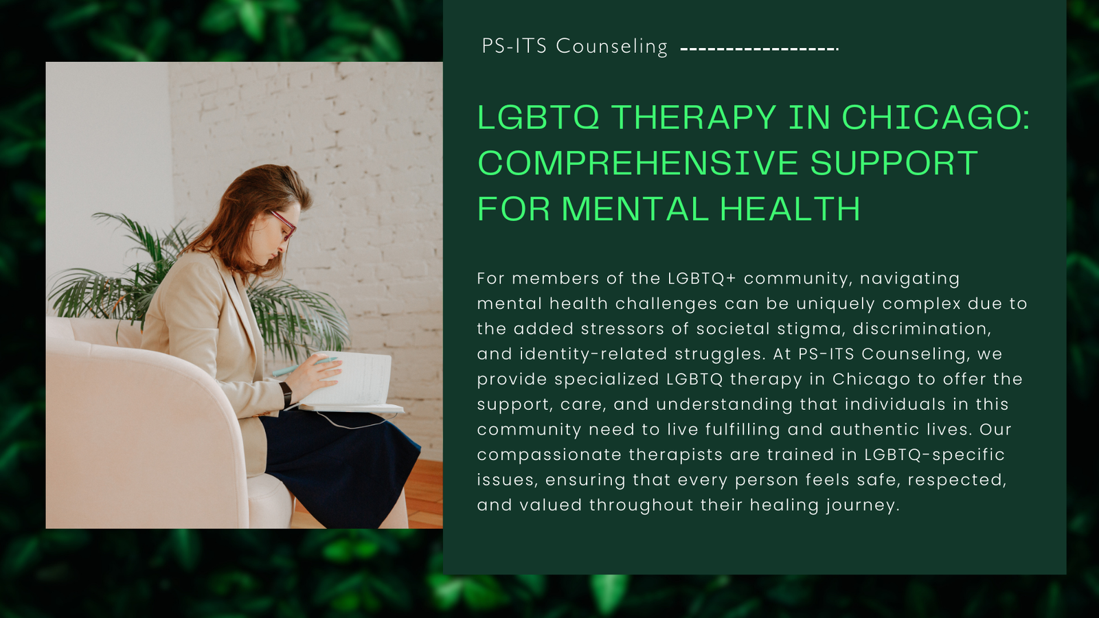 A welcoming therapy space in Chicago, offering comprehensive mental health support for the LGBTQ+ community.