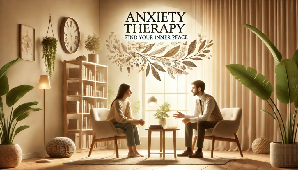 A calming therapy session featuring a professional counselor and a client in a warm, well-lit office. The therapist is attentively listening while the client expresses emotions in a relaxed setting. The background includes soft greenery, a bookshelf with mental health resources, and a cozy atmosphere, symbolizing a safe space for anxiety therapy and healing. The words "Anxiety Therapy: Find Your Inner Peace" are subtly integrated into the design.